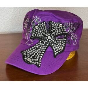 Purple Military Style Baseball Cap Studded Cross Embellishment OSFM